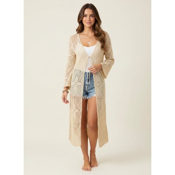 Vintage 90s Crochet Tie Front Cardigan: Boho Long Duster Sweater Coastal Grandma - Picture 1 of 16